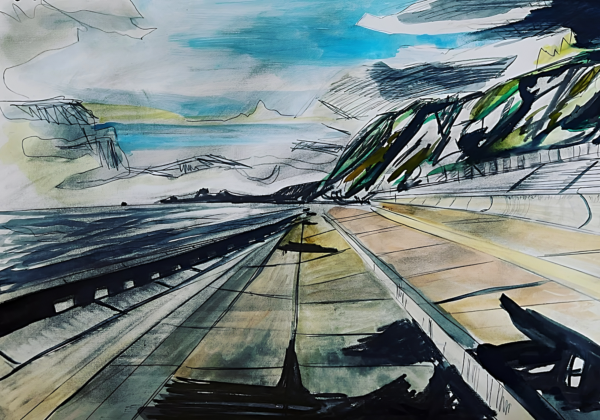 Landscape painting of the railway at the foot of the iconic white cliffs of Dover