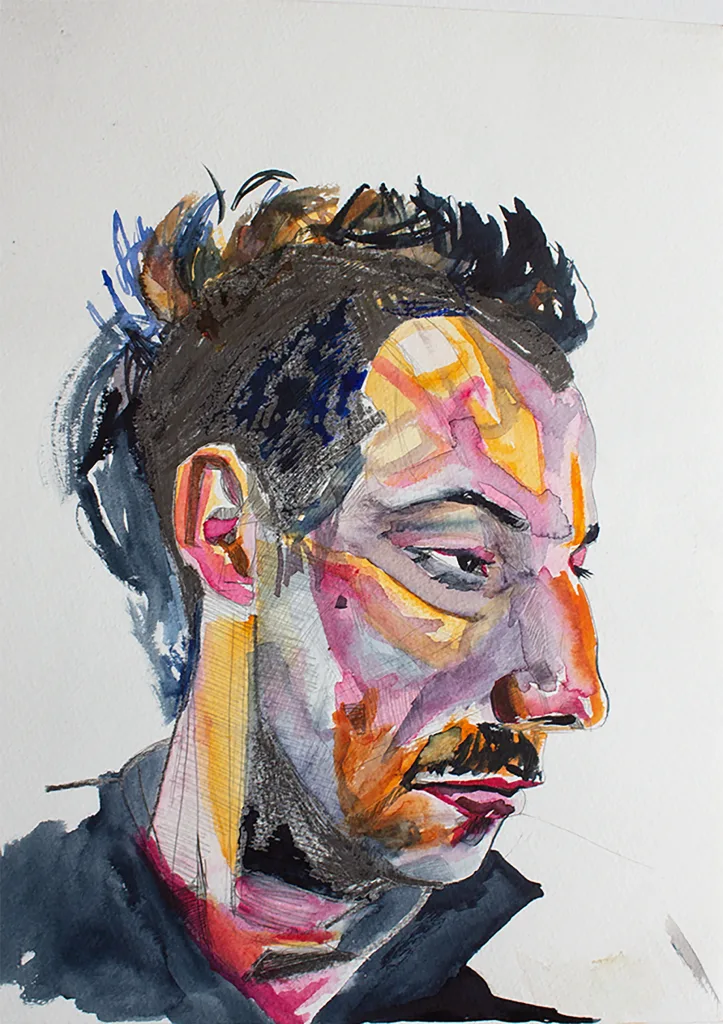 Portrait of the mural artist Sam Evans in watercolour 